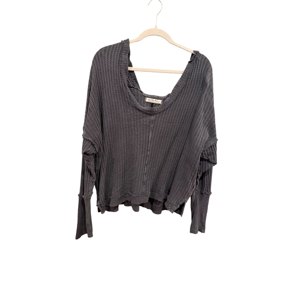 Free People Charcoal Grey Waffle Knit Thermal Top Large Oversized